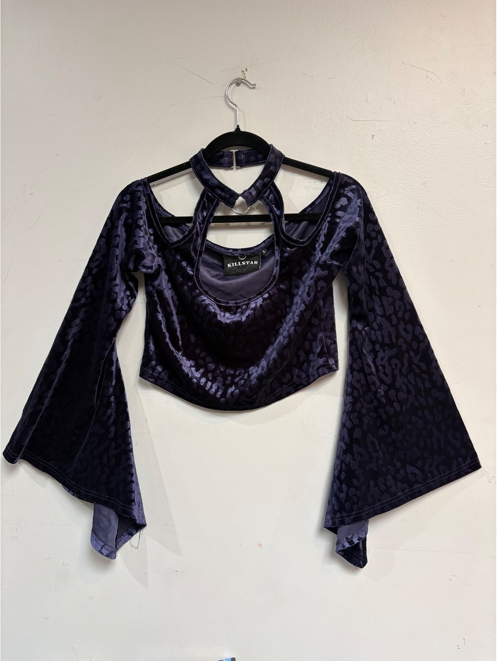 Killstar Velvet Leopard Print Crop Top with Flared Sleeves and Choker Collar, Sz